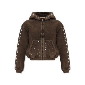 เสื้อฮู้ดดี้ผู้ชาย QYOURECLO แบบสั่งทำขายส่ง ซิปหน้า ผ้าคอตตอนฟอกสีซีดแบบแอซิดวอช ประดับมุกและอัญมณี หนัก 600gsm คุณภาพสูง - Product Image 1