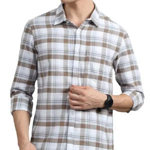 เสื้อเชิ้ตลำลองผ้าฝ้าย100% สำหรับผู้ชายปกตาหมากรุกเข้ารูปปกติถักทอป้องกันรอยยับและระบายอากาศได้ดี - Product Image 1