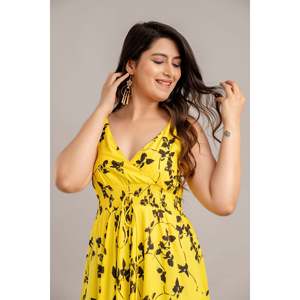Vestido Largo SHKUP1362 Amarillo con Estampado Floral, Sin Mangas, Corte Evase, Transpirable, Cintura Natural, para Fiestas de Verano, Disponible en 2XL - Product Image 5