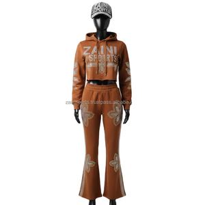 Survêtement pour femmes en molleton de coton 280GSM, sweat-shirt court marron doux, pantalon évasé, strass, transfert thermique, logo personnalisé, survêtements grande taille - Product Image 6