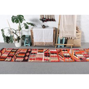 Turkish 2.1x9.8 ft Rug, <b>Runner</b> Vintage Rug, <b>Red</b> Orange Check Rug - Product Image 3