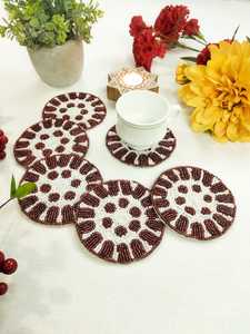 Handmade Beaded Tea Coaster Set of six White and Maroon Round Beads Elegant Table Decor for Tea Coffee and Festive Serving - Product Image 5