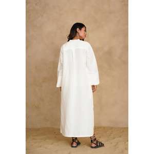 Vestido Largo Kaftan de Algodón Blanco Sólido para Mujer, Manga Corta, Cuello en V, Ajuste Holgado, Estilo Gótico Floral, Ropa de Estar para Resort - Product Image 4