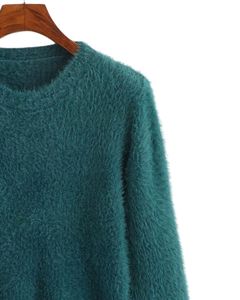 Pull en tricot moelleux bleu sarcelle pour femmes, manches longues, doux, chaud, pull d'hiver confortable, texturé, décontracté, haut tendance pour femmes - Product Image 2