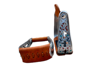 Aluminium Horse Riding <b>Stirrups</b> with Genuine Leather <b>Cover</b> Jesus Cross Cut Design Hook Loop Closure Rhinestone Engraved Durable - Product Image 3