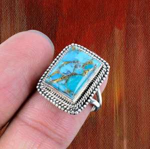 Hecho a mano 925 anillo de plata esterlina sólida cobre Natural turquesa forma octogonal bisel ajuste incrustaciones joyería de plata estampada a mano - Product Image 4