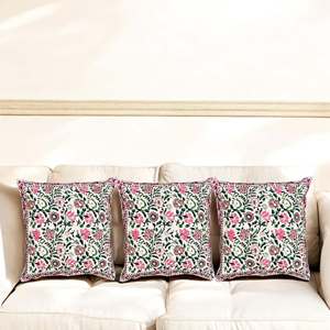 Indian Blossom <b>Pillow</b> Set of 3 Vibrant Pink & Green Floral Digital Print Cotton Cushion Cover Square <b>Shape</b> for Home Use - Product Image 1