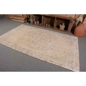 Vintage Turkish Rug Large Area 5.2 X 8.3ft Beige Green Wool Latex Backing Patchwork for Teenagers Rectangular Hallway Room Rug - Product Image 3