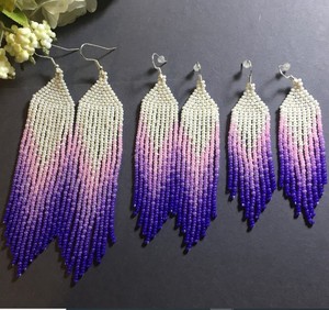 Bead <b>Earrings</b>, Purple White Long <b>Earrings</b>, Fringe <b>Earrings</b>, Boho <b>Earring</b>, Seed Bead <b>Earrings</b>, <b>Handmade</b> <b>Earrings</b> - Product Image 2