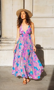 Boho Summer Maxi <b>Dress</b> with Adjustable Straps Frilled V Neckline 100% <b>Silk</b> A-Line Silhouette Vintage Green Brown Blue Print - Product Image 3