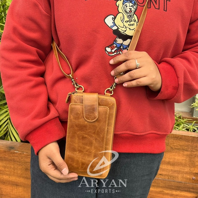 Vintage Full Grain Leather Phone Pouch Bags Women's Wristlet Crossbody Bags Genuine Cow Leather Mobile Phone Shoulder Sling Bags