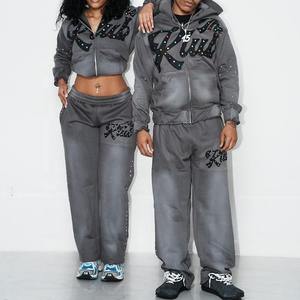 Vente en gros Streetwear Baggy zippé en coton épais et évasé avec strass personnalisé pour hommes survêtement pantalon de survêtement et sweat à capuche - Product Image 2