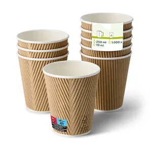 250 Ml 10Oz Ø 80 mm Eco-Friendly Brown Inner White Medium <b>Takeaway</b> <b>Coffee</b> Paper Mugs Ripple <b>Cups</b> - 500 pcs/carton - Product Image 1