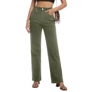 Pantalon évasé d'été pour femme de haute qualité, taille mi-haute, coupe régulière, en denim extensible, effet ventre plat, décontracté, respirant, uni, 100% coton - Product Image 3