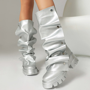 Botas de plataforma plegables para mujer, tacón grueso, punta redonda, estilo western, sin cordones, a media pantorrilla, ligeras, que aumentan la altura, color liso. - Product Image 3