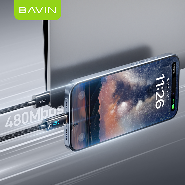 BAVIN Factory Wholesale Flexible Nylon Braided LED Digital Display Micro Usb to Type C 65w Super Fast Charging Data Cable CB309