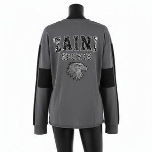 Camiseta de Manga Larga Premium, Tela de Algodón Suave, Diseño de Paneles Gris y Negro, Logotipo de Transferencia Térmica con Pedrería, Camiseta de Manga Larga de Algodón - Product Image 2