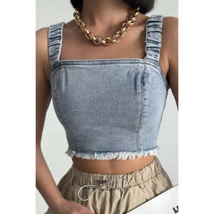 Top Corto de Mezclilla con Cierre y Tirantes, Estilo Bustier a la Moda - Product Image 1