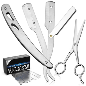 Rasoirs droits pour hommes Kit complet avec 50 rasoirs à lame unique pour hommes et ciseaux Fournitures de barbier Rasoir à bord droit Argent - Product Image 1