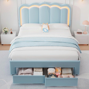 TRIHO-HB-056 Estructura de Cama Completamente Tapizada con 2 Cajones de Almacenamiento y Cabecera Doble Ondulada Ajustable y Elegante, Muebles de Dormitorio - Product Image 3