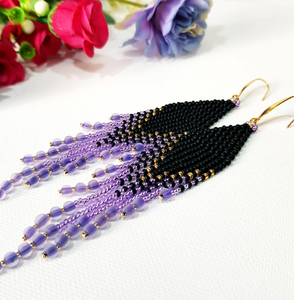 Seed Beads Tassel <b>Earrings</b>,4 Inch Long,bead Fringe,<b>Black</b>, Purple Fringe Tassel <b>Earrings</b> - Gold - Long - Product Image 2