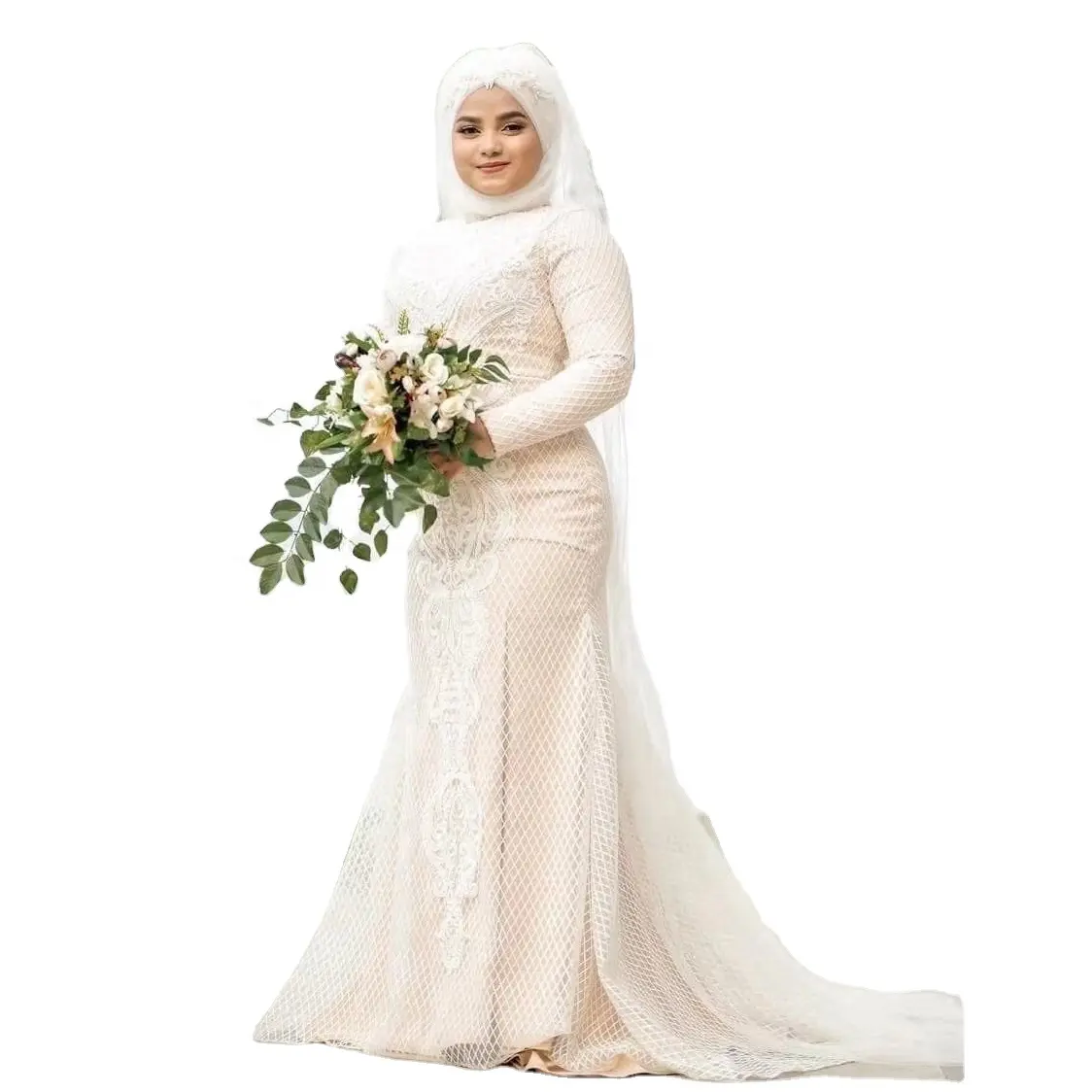 Başörtüsü uzun kollu müslüman düğün elbisesi renkli dantel aplike Mermaid gelin elbise yetişkin hediye özelleştirilebilir renk 2023