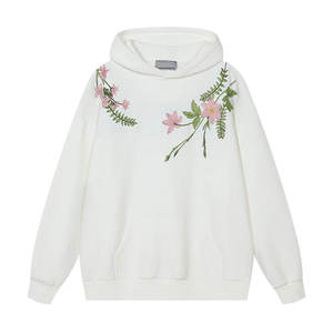 Sudadera con Capucha de Invierno para Mujer, Talla Grande, Color Blanco Premium, Estética, Bordado 3D en la Parte Delantera, Diseño Floral Rosa, Cómoda, Hombros Caídos - Product Image 1