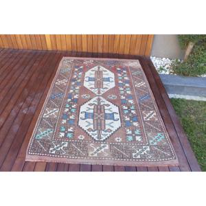 Vintage Rug, 4.4x6.3 ft Area Rug, <b>Brown</b> Blue <b>Wool</b> Rug - Product Image 1