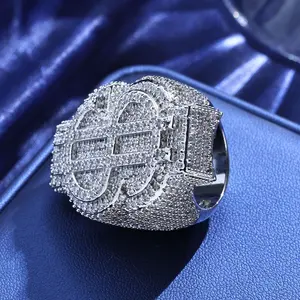 Bague en laiton plaqué or 18 carats avec symbole dollar micro-pavé de zircons, style hip-hop, personnalisable, bijou de créateur pour homme - Product Image 6