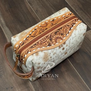 High Quality 2024 Cowhide Leather Toiletry Organizer Shaving Kit <b>Men</b> Women's Hand Tooled Leather Travel Cosmetic <b>Bags</b> Makeup <b>Bag</b> - Product Image 1