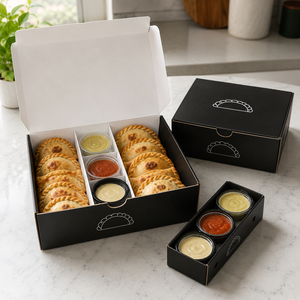 Boîte d'emballage à emporter personnalisée avec logo, en carton, pour raviolis, restauration rapide, camping, avec compartiment pour sauce. - Product Image 6