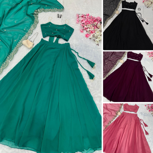 Diseñador moderno Aqua Green Color Pearl Work Adornado Georgette Lehenga Choli & Dupatta Set para ropa de fiesta de mujer - Product Image 6