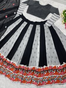 NAVRATRI SPECIAL Gamthi Work Digital Printed Lehengas Choli Dupatta Black White Pakistanais Ethnic Dress Made Silk fancy Real - Product Image 6