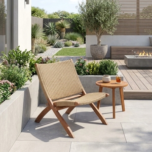 Chaise de jardin pliante en teck naturel avec assise en toile tressée, chaise longue pour terrasse, aménagement de terrasse, design décoratif pur et artistique - Product Image 2