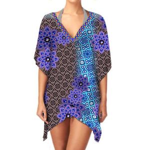 Vestido caftán corto elegante con cuello en V para mujer, ropa de playa de verano de una pieza de tela transpirable para uso diario informal y salidas - Product Image 5