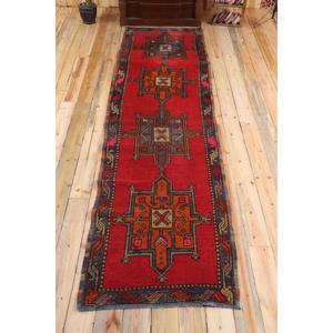 Turkish Vintage Rug, 2.9x11.6 ft Herki Rug, <b>Red</b> Gray Patchwork <b>Wool</b> Rug - Product Image 1