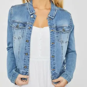 Chaqueta vaquera elástica larga para mujer hecha a medida, chaqueta vaquera para mujer, chaqueta vaquera lisa de invierno azul de algodón para mujer de talla grande - Product Image 3