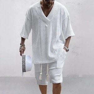 2024 Summer Casual <b>Men's</b> Clothing Set V-Neck Short Sleeve T-<b>Shirt</b> and Shorts Knitted with Woven Fleece Streetwear Outfits - Product Image 3
