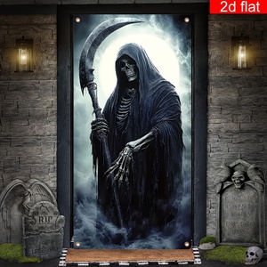 Housse de porte Halloween Grim Reaper, squelette effrayant avec faucille, design pleine lune, en polyester, pour décoration de fête maison hantée - Product Image 3