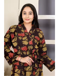 Women's Floral Pattern Cotton Dress with Long Sleeves Soft Breathable Ethnic Style <b>Outfits</b> for Daily Wear Robe Sets - Product Image 3