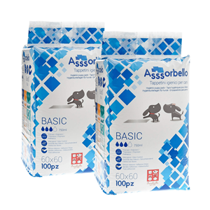Ferribiella Assorbello BasicTappetini Alfombrillas Higiénicas para Perros, Plástico Impermeable, 2 Paquetes de 100 Unidades, 60x60cm - Product Image 1