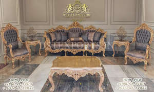 Conjunto de sofá tradicional de tela de marfil con acabado dorado, conjunto de Muebles clásicos para sala de estar, conjunto de sofá indio de alta calidad, 6 piezas - Product Image 3