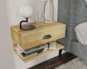 Mesita de noche de madera flotante natural con 1 cajón | Solución de almacenamiento de muebles de dormitorio hechos a mano ecológicos de diseño moderno - Product Image 3