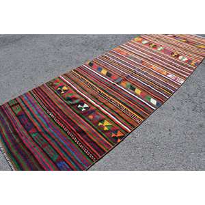 Alfombra turca Vintage étnica roja de 4,2X12,5 pies de área grande de lana de látex Rectangular abstracto Patchwork diseño de pasillo alfombra de habitación de 10mm - Product Image 2