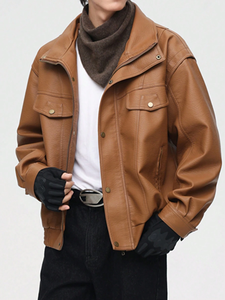 Streatwear Veste de vélo en cuir PU personnalisée pour hommes, coupe ample, taille plus, vestes en cuir non tissé rabattues pour hommes - Product Image 3