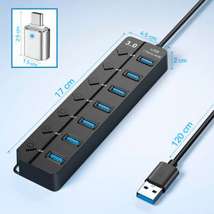 Hub USB 3.0 de 7 Puertos con Interruptores Individuales, Cable de 1.2M, Incluye Adaptador USB-A y USB-C para Transferencia de Datos, Divisor de Computadora, Velocidad de 5Gbps - Product Image 4