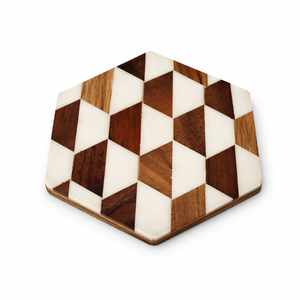 Sous-verre en bois de manguier avec incrustation hexagonale, style moderne artisanal, style classique, épaisseur de 5 mm, sous-verre géométrique en bois pour boissons - Product Image 1