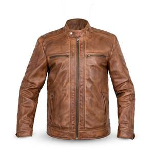 Autumn Stand Collar Genuine Leather Jacket XS-XXL Water Proof Ionic <b>Brown</b> with Zippered Closure ODM Supply Type - Product Image 3