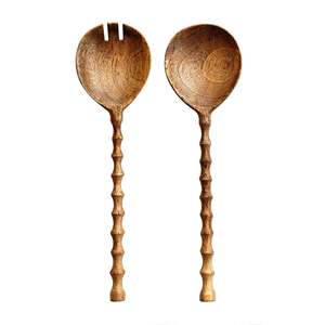 Servidores de ensalada de madera indios hechos a mano con asas talladas Producto de cocina casera económica - Product Image 1