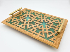 Bandeja de Servicio de Madera de Diseño Láser de Lujo con Asas de Metal Dorado e Incrustaciones Acrílicas, Bandeja Rectangular Decorativa para Decoración del Hogar - Product Image 6